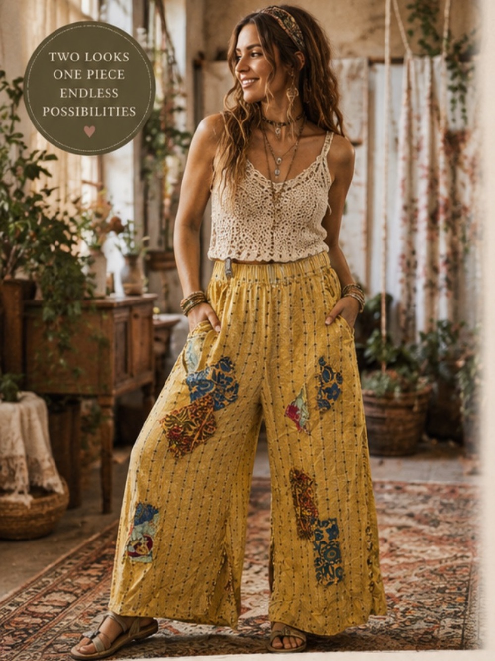 A Rare Bird Dahlia reversible floral patchwork wide leg pants